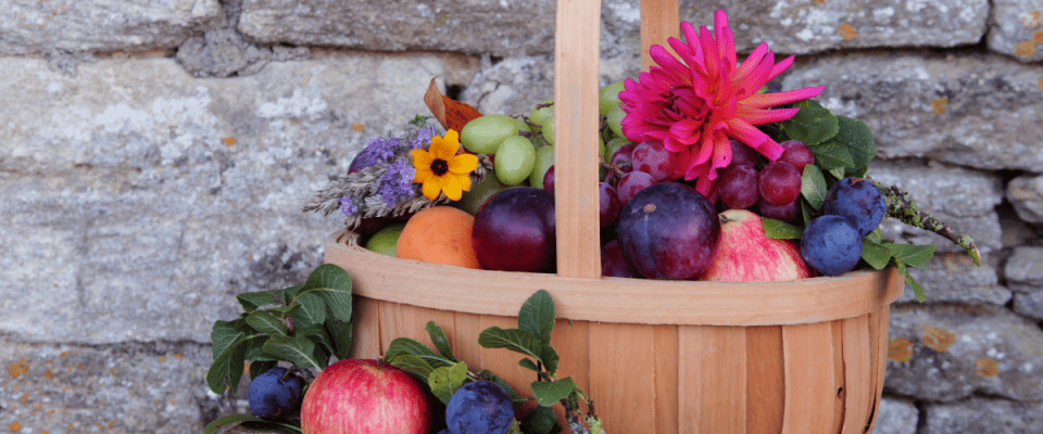 Image of basket filled with garden harvest items including fruits, vegetables, and flowers.